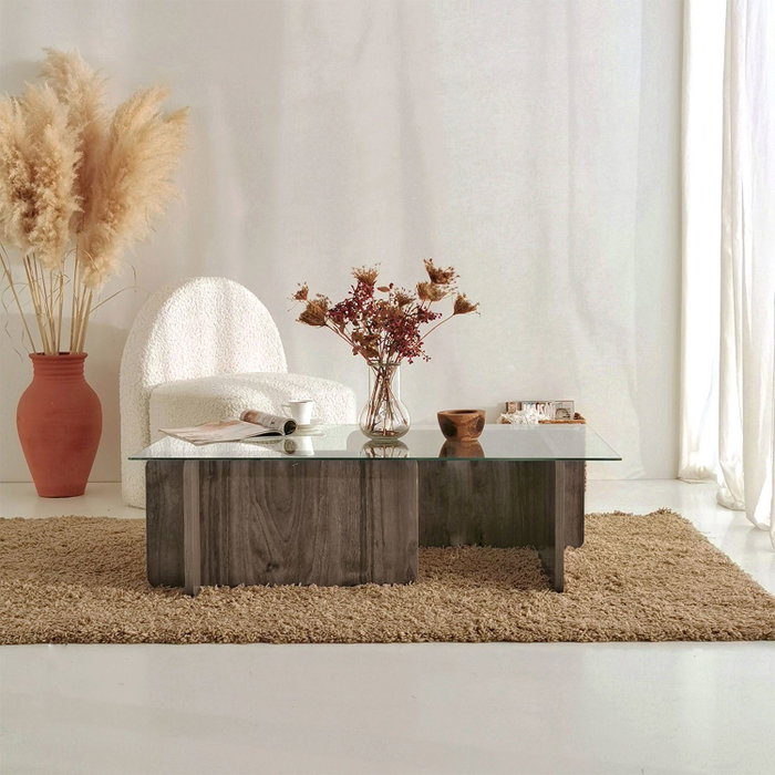 Hanah Home Mesa de centro Escape en Nogal con cristal templado Hanah Home Mesa de centro Escape en Nogal con cristal templado